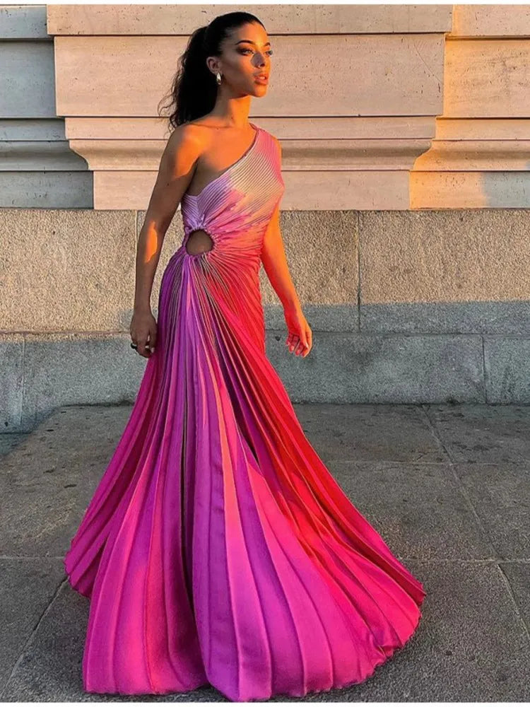 One Shoulder Tie Dye Pleated Maxi Dress Women Hollow Out Backless Sleeveless Robes 2023 Summer Chic Female Evening Prom Vestidos